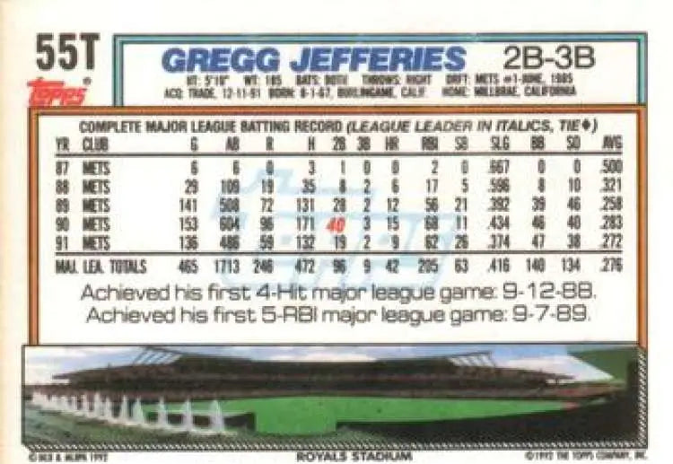 1992 Topps Traded #55T Gregg Jefferies NM-MT Kansas City Royals Baseball Card - Baseball Card Single
