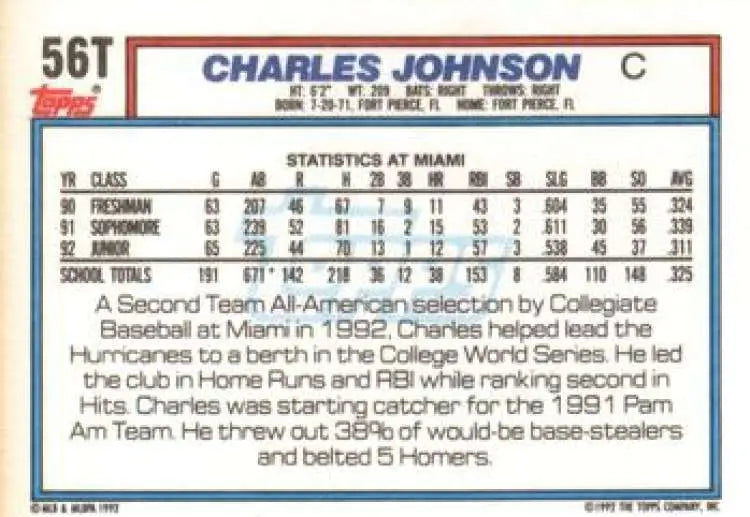 1992 Topps Traded #56T Charles Johnson NM-MT USA Baseball Card - Baseball Card Single