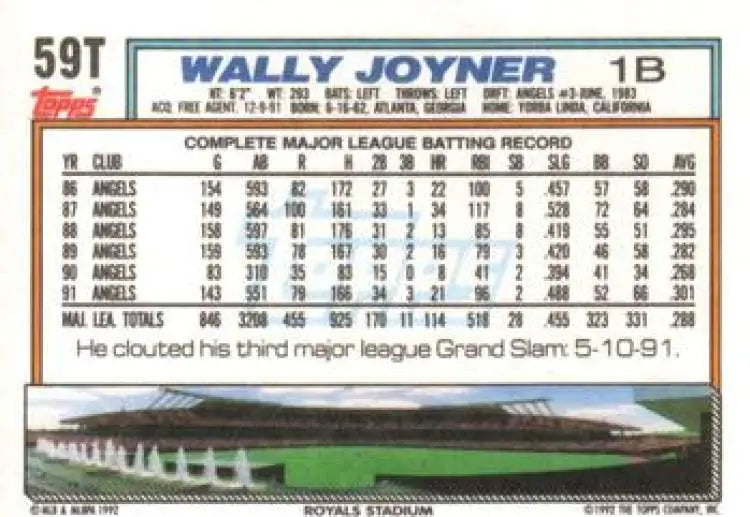 1992 Topps Traded #59T Wally Joyner NM-MT Kansas City Royals Baseball Card - Baseball Card Single