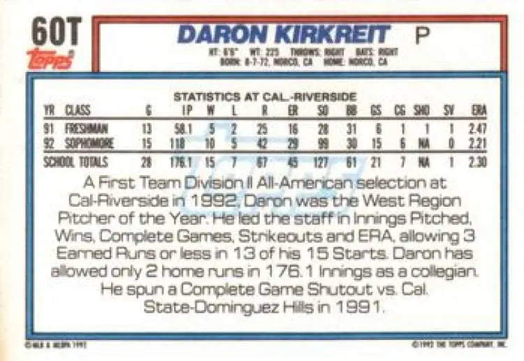 1992 Topps Traded #60T Daron Kirkreit NM-MT RC Rookie USA Baseball Card - Baseball Card Single