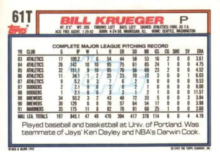 1992 Topps Traded #61T Bill Krueger NM-MT Minnesota Twins Baseball Card - Baseball Card Single