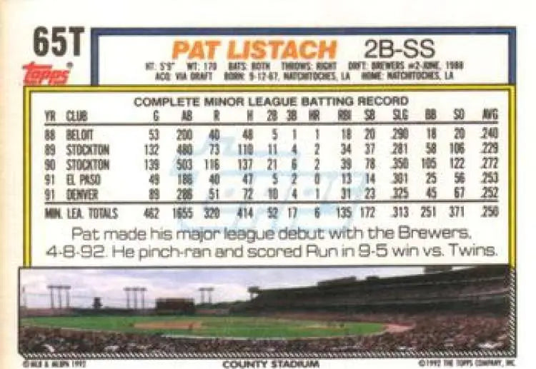 1992 Topps Traded #65T Pat Listach NM-MT RC Rookie Milwaukee Brewers Baseball Card - Baseball Card Single