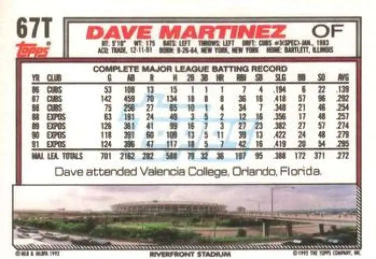 1992 Topps Traded #67T Dave Martinez NM-MT Cincinnati Reds Baseball Card - Baseball Card Single