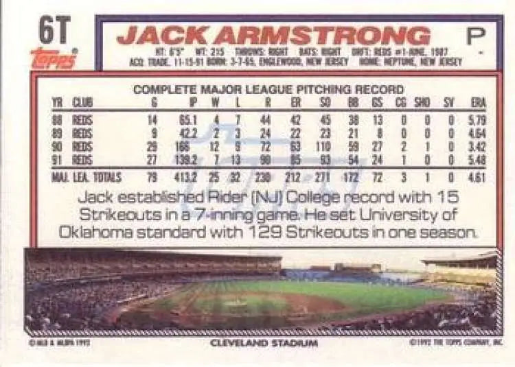 1992 Topps Traded #6T Jack Armstrong NM-MT Cleveland Indians Baseball Card - Baseball Card Single