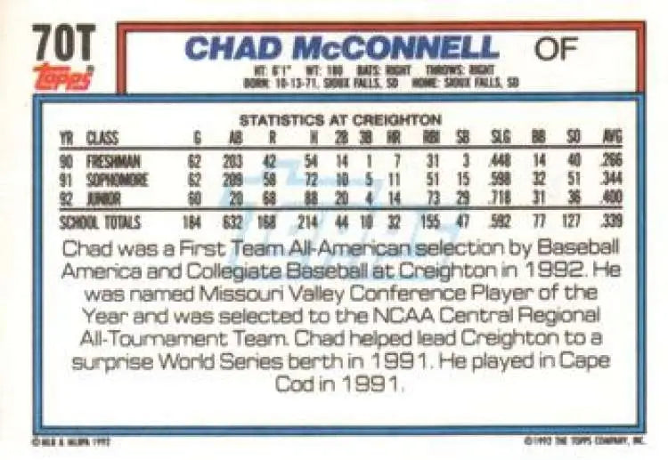 1992 Topps Traded #70T Chad McConnell NM-MT RC Rookie USA Baseball Card - Baseball Card Single
