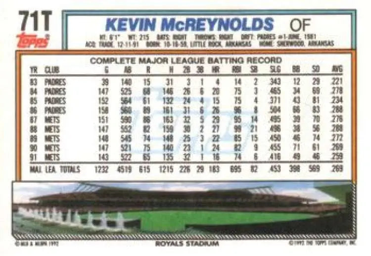 1992 Topps Traded #71T Kevin McReynolds NM-MT Kansas City Royals Baseball Card - Baseball Card Single