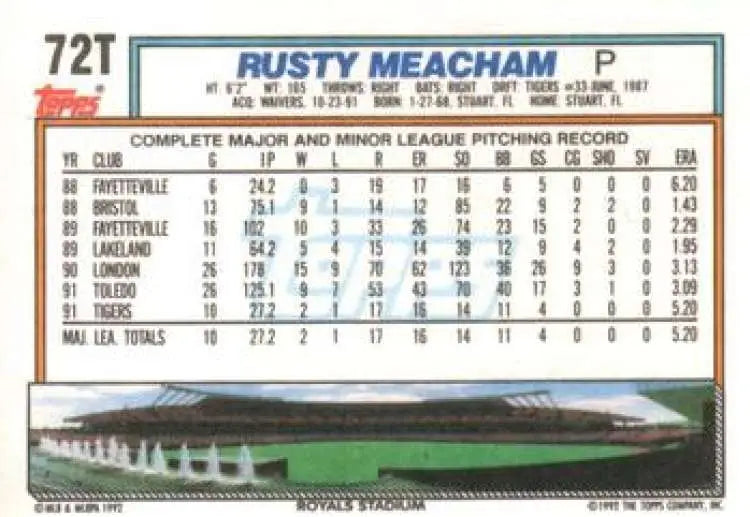 1992 Topps Traded #72T Rusty Meacham NM-MT Kansas City Royals Baseball Card - Baseball Card Single