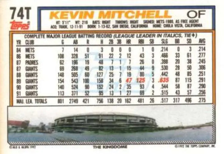 1992 Topps Traded #74T Kevin Mitchell NM-MT Seattle Mariners Baseball Card - Baseball Card Single