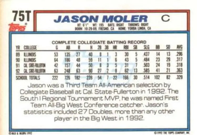 1992 Topps Traded #75T Jason Moler NM-MT RC Rookie USA Baseball Card - Baseball Card Single