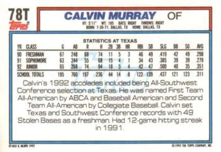 1992 Topps Traded #78T Calvin Murray NM-MT RC Rookie USA Baseball Card - Baseball Card Single