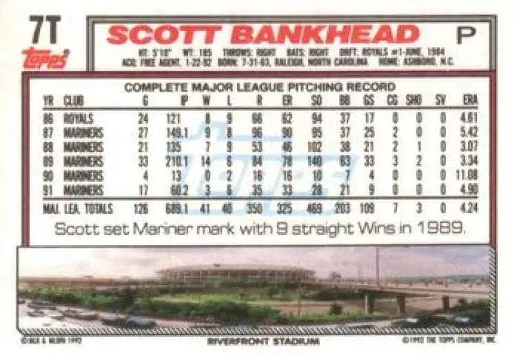 1992 Topps Traded #7T Scott Bankhead NM-MT Cincinnati Reds Baseball Card - Baseball Card Single