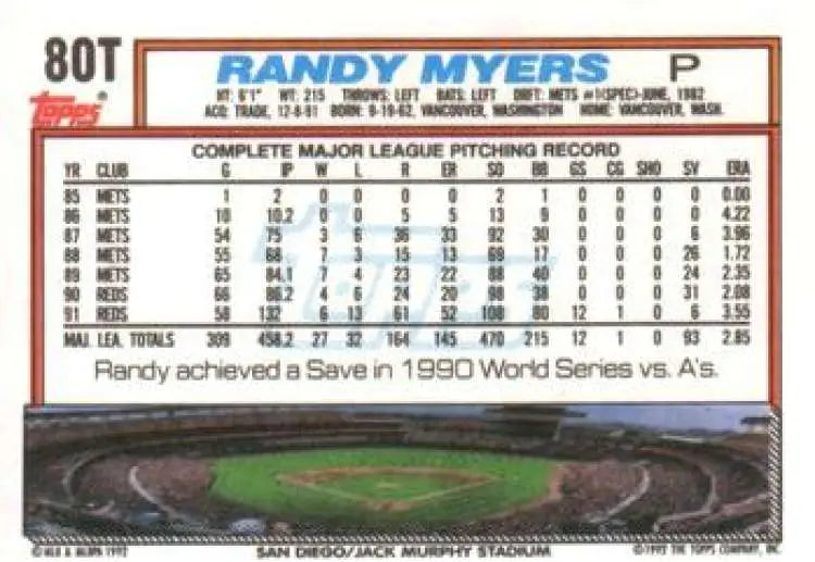 1992 Topps Traded #80T Randy Myers NM-MT San Diego Padres Baseball Card - Baseball Card Single