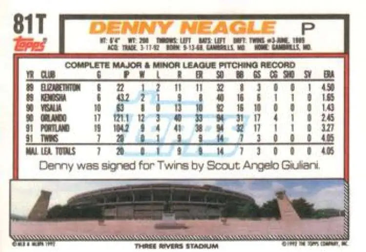 1992 Topps Traded #81T Denny Neagle NM-MT Pittsburgh Pirates Baseball Card - Baseball Card Single