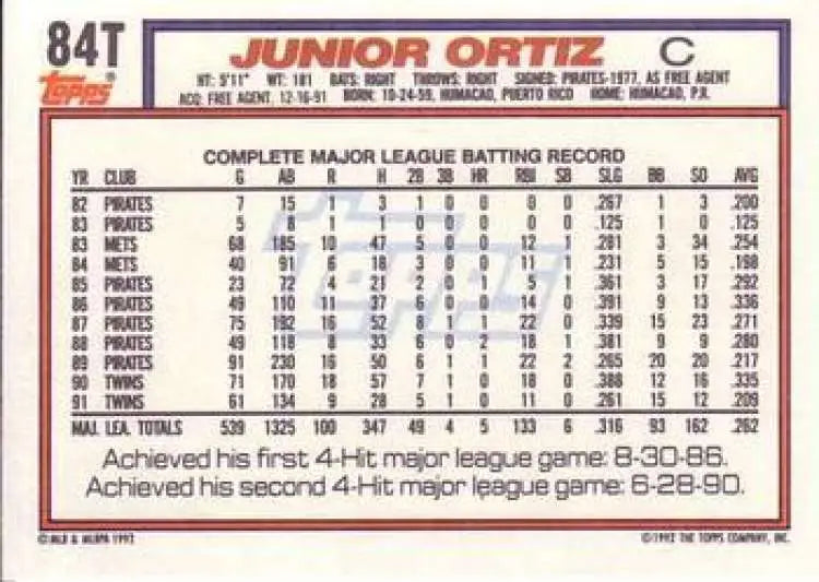 1992 Topps Traded #84T Junior Ortiz NM-MT Cleveland Indians Baseball Card - Baseball Card Single