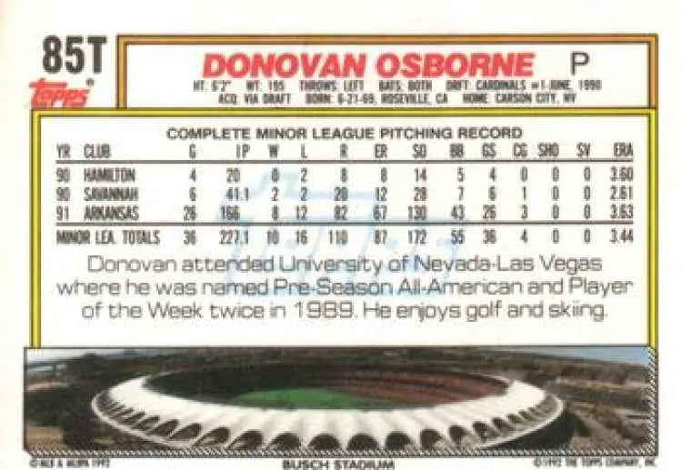 1992 Topps Traded #85T Donovan Osborne NM-MT St. Louis Cardinals Baseball Card - Baseball Card Single