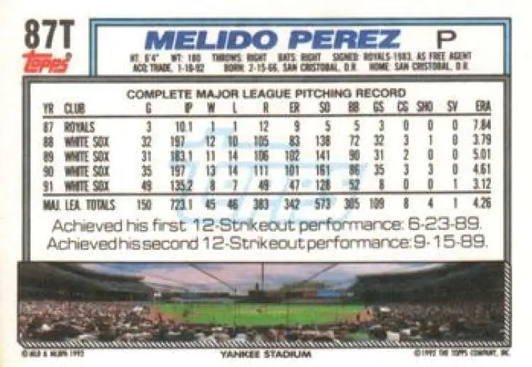 1992 Topps Traded #87T Melido Perez NM-MT New York Yankees Baseball Card - Baseball Card Single