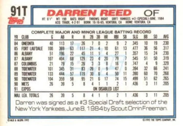 1992 Topps Traded #91T Darren Reed NM-MT Montreal Expos Baseball Card - Baseball Card Single