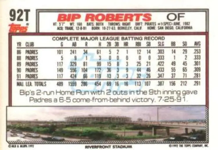 1992 Topps Traded #92T Bip Roberts NM-MT Cincinnati Reds Baseball Card - Baseball Card Single