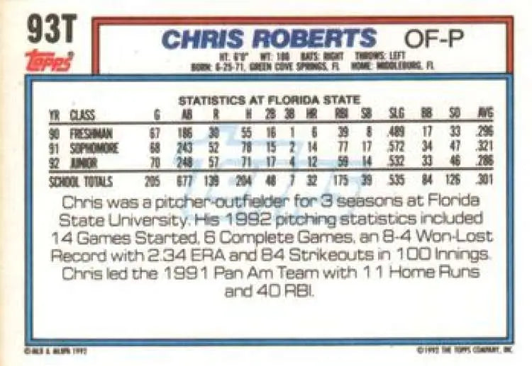 1992 Topps Traded #93T Chris Roberts NM-MT USA Baseball Card - Baseball Card Single
