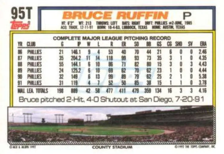 1992 Topps Traded #95T Bruce Ruffin NM-MT Milwaukee Brewers Baseball Card - Baseball Card Single