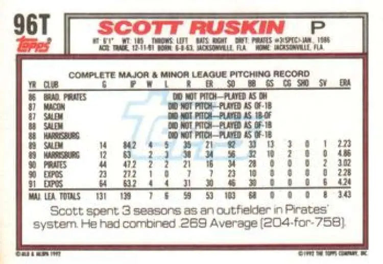 1992 Topps Traded #96T Scott Ruskin NM-MT Cincinnati Reds Baseball Card - Baseball Card Single