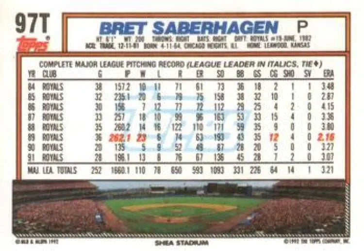 1992 Topps Traded #97T Bret Saberhagen NM-MT New York Mets Baseball Card - Baseball Card Single