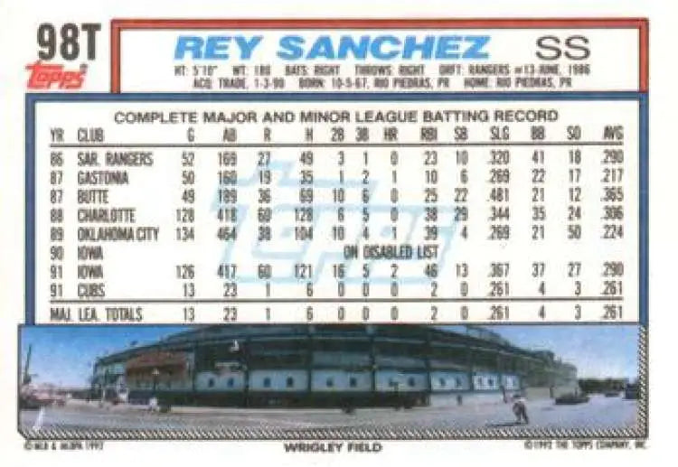 1992 Topps Traded #98T Rey Sanchez NM-MT RC Rookie Chicago Cubs Baseball Card - Baseball Card Single