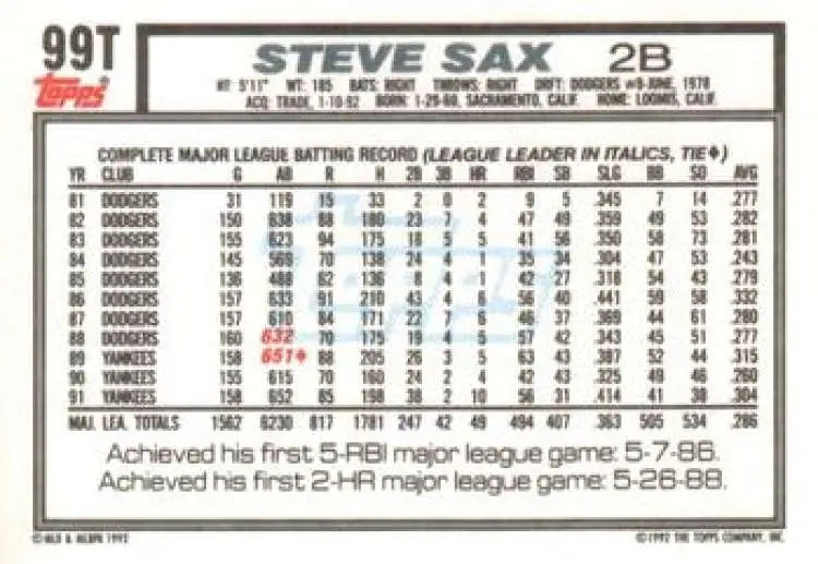 1992 Topps Traded #99T Steve Sax NM-MT Chicago White Sox Baseball Card - Baseball Card Single