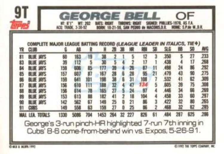 1992 Topps Traded #9T George Bell NM-MT Chicago White Sox Baseball Card - Baseball Card Single