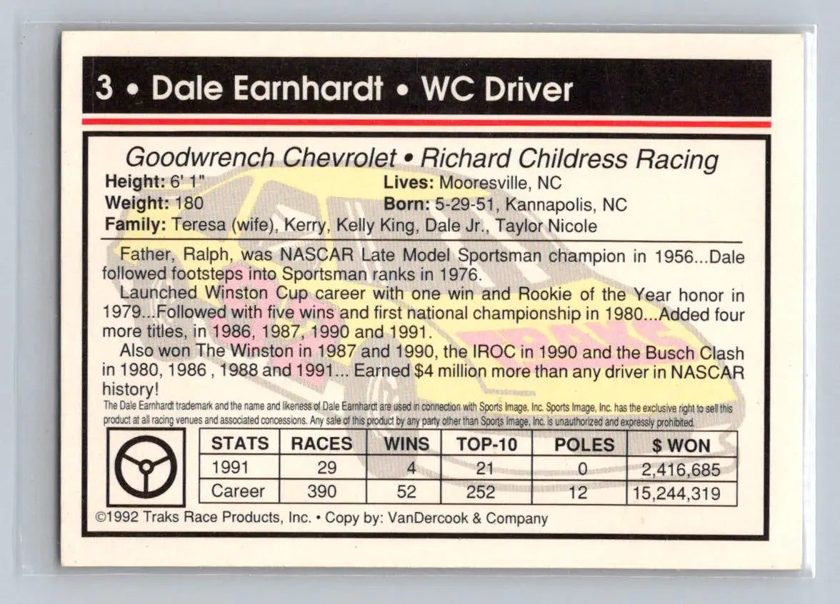 1992 Traks #3 Dale Earnhardt Richard Childress Racing - Racing Card Single
