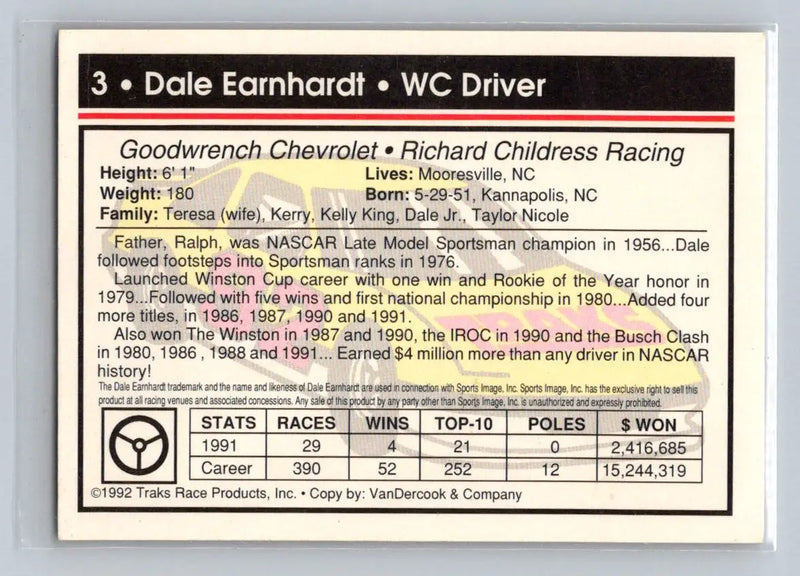 1992 Traks #3 Dale Earnhardt Richard Childress Racing - Racing Card Single