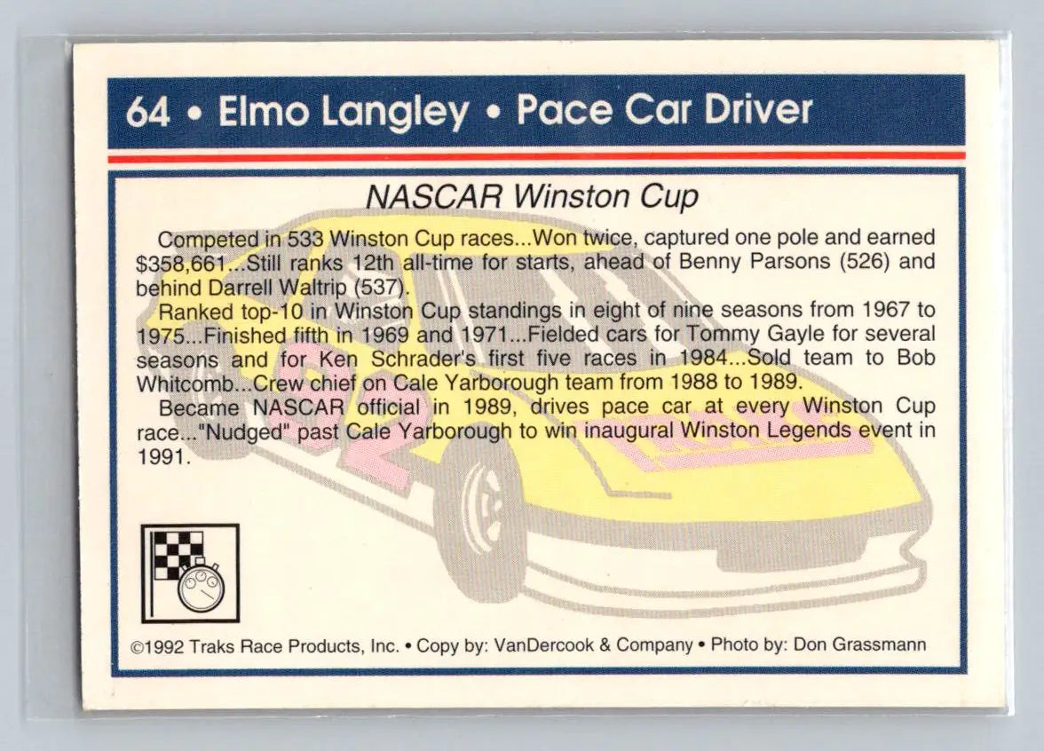 1992 Traks #64 Elmo Langley - Racing Card Single