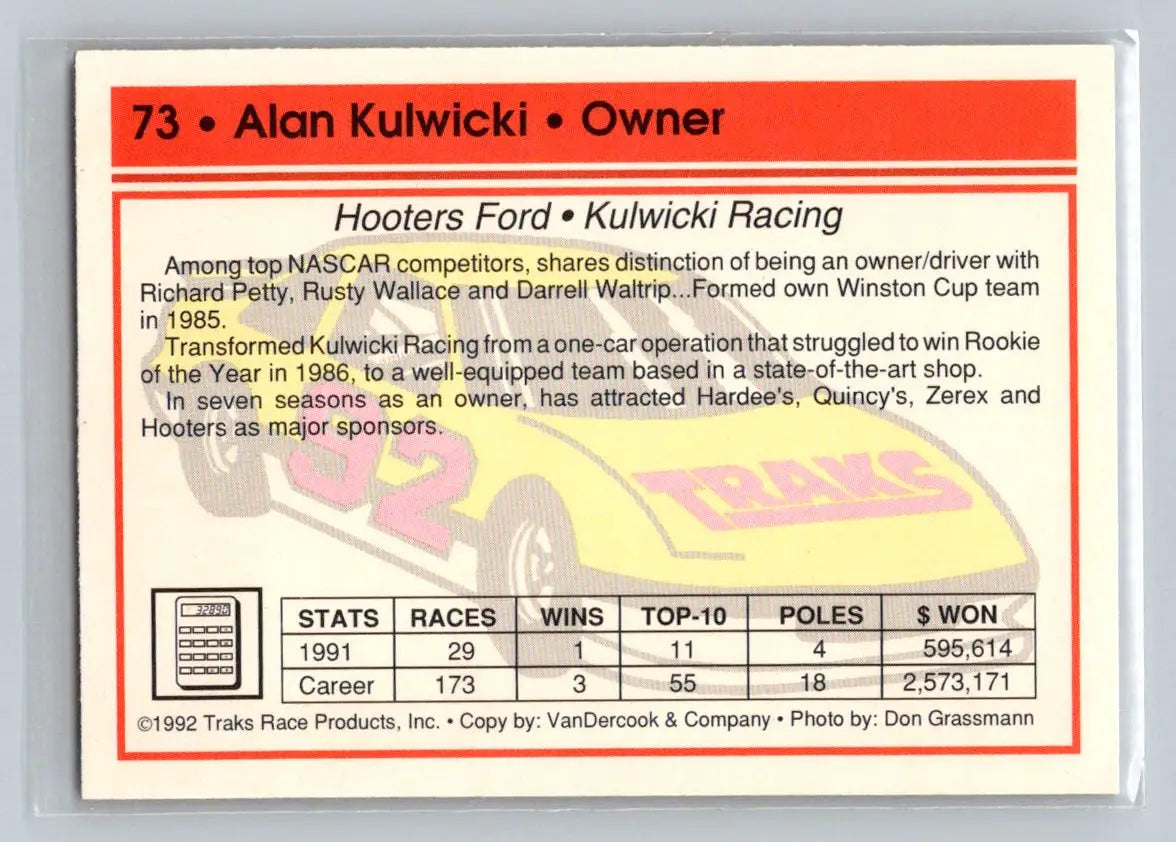 1992 Traks #73 Alan Kulwicki AK Racing - Racing Card Single