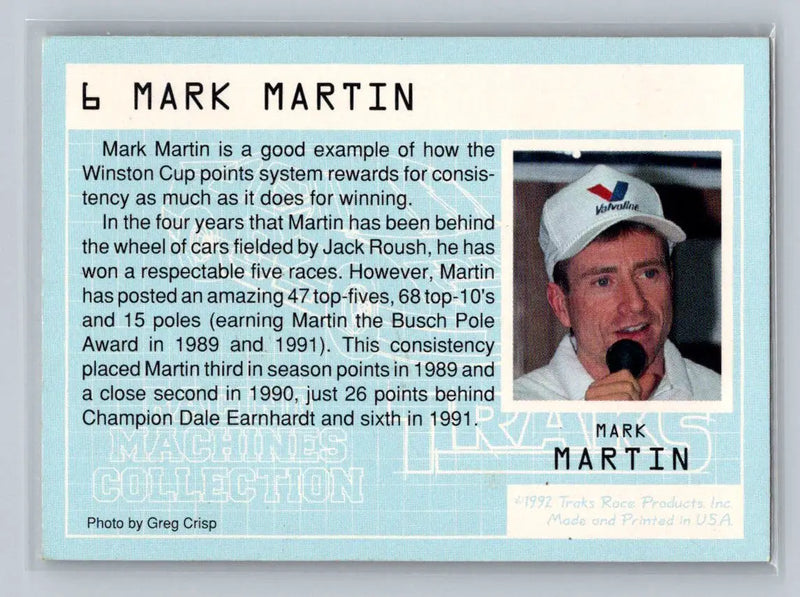 1992 Traks Racing Machines #6 Mark Martin Roush Racing - Racing Card Single
