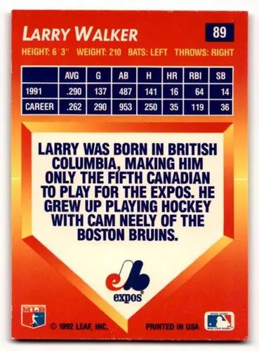 Original gloss Larry Walker Montreal Expos baseball card in 1992 Triple Play series