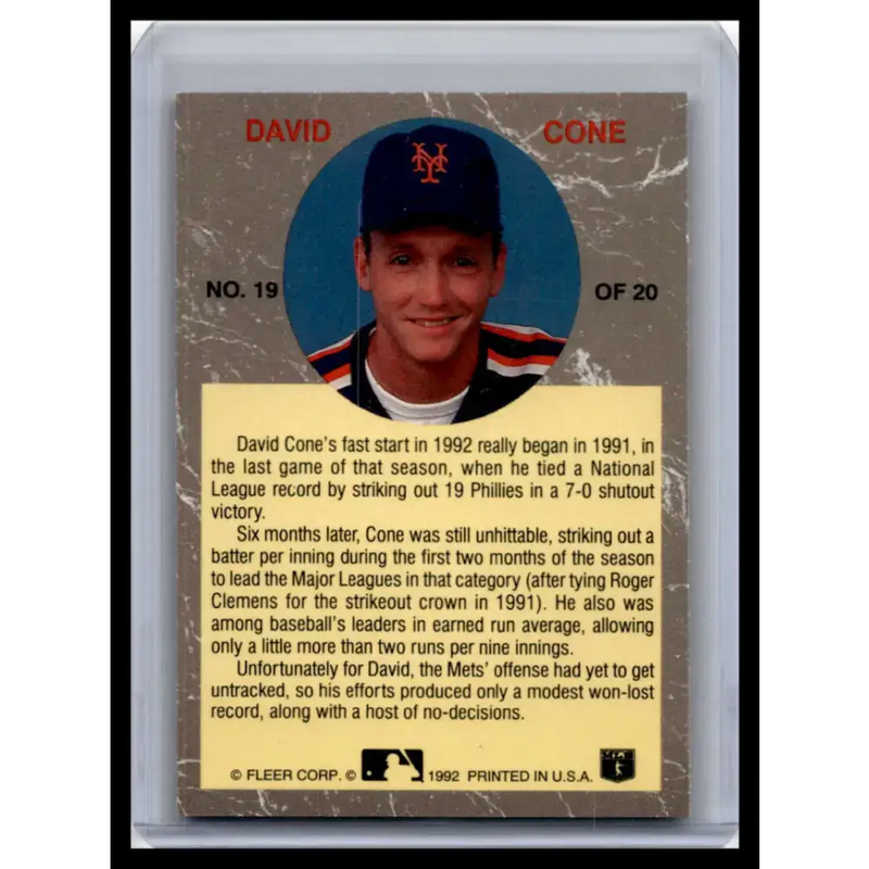 1992 Ultra #19 David Cone NM-MT New York Mets Baseball Card - Baseball Card Single