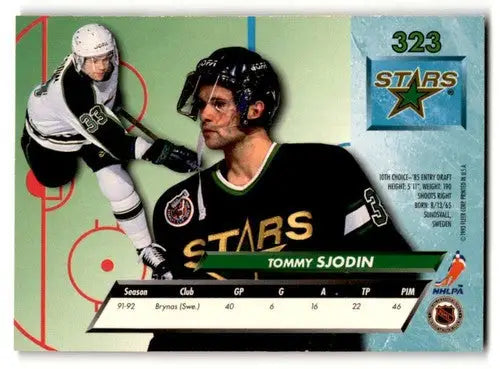 Original gloss Tommy Sjodin hockey card from 1992 Ultra #323 displayed with Simply Sandoval