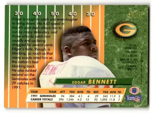 Vintage 1992 Ultra Edgar Bennett Green Bay Packers football card with college stats and scouting report