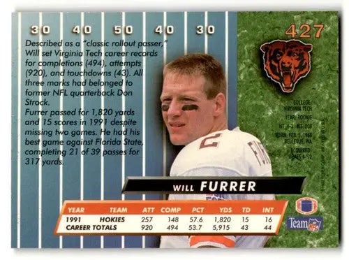 Original gloss collectible football card of Will Furrer Furrer Chicago Bears Chicago Bears football