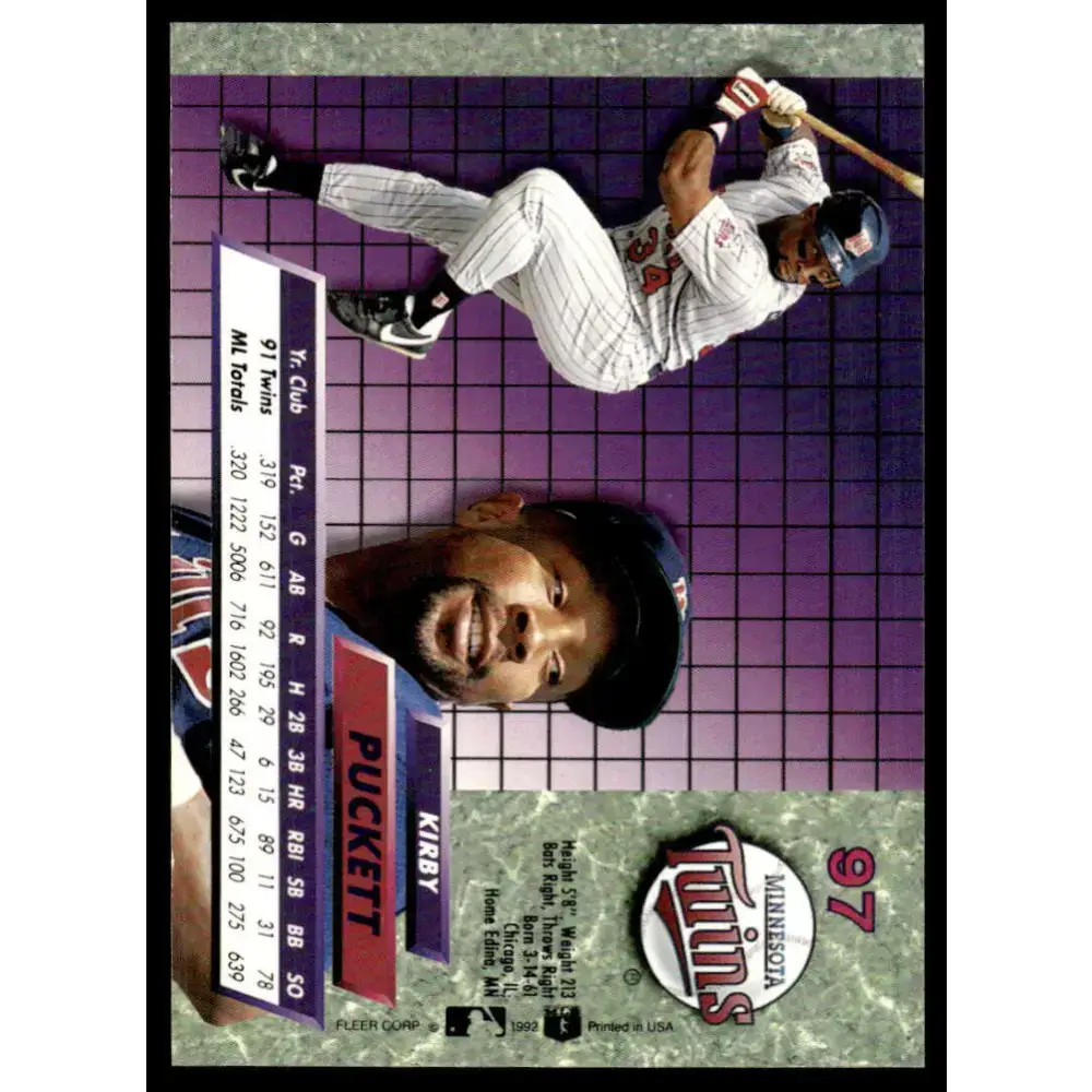 1992 Ultra #97 Kirby Puckett EX/NM Minnesota Twins Baseball Card - Baseball Card Single