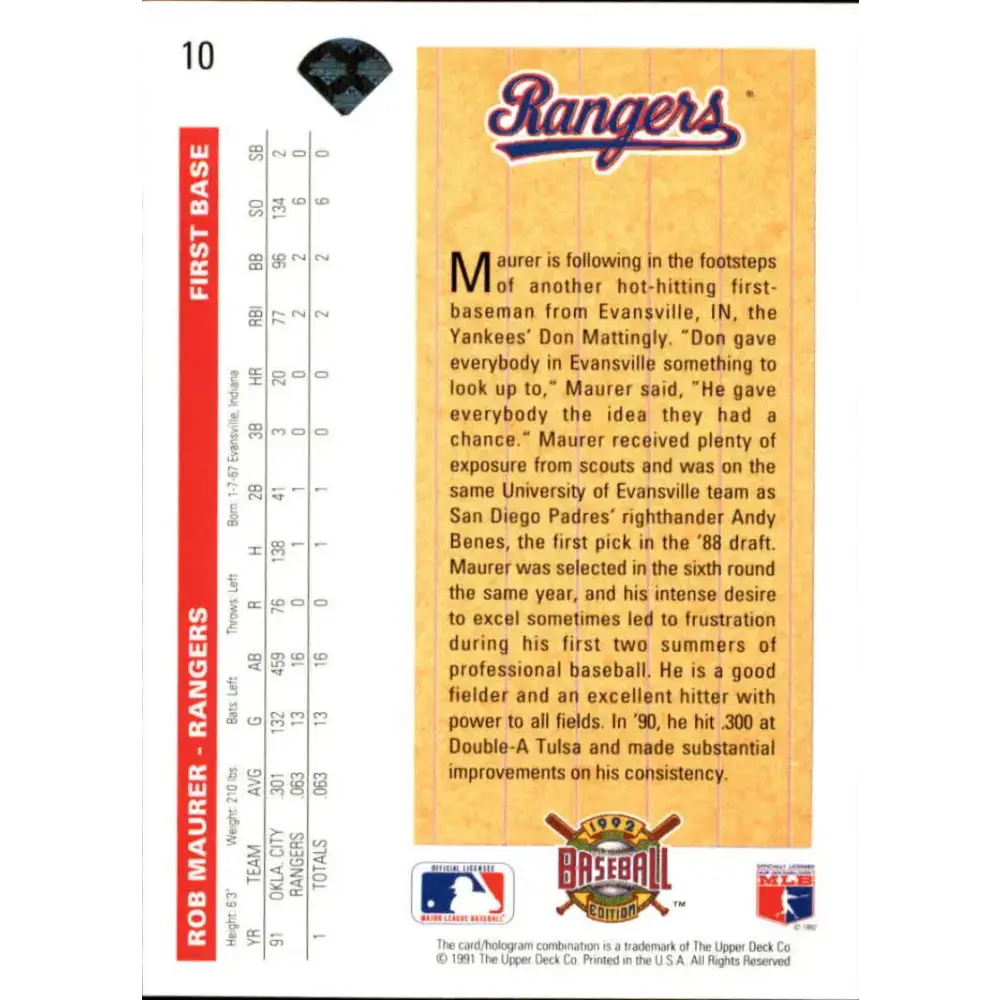 1992 Upper Deck #10 Rob Maurer SR NM-MT RC Rookie Texas Rangers Baseball Card - Baseball Card Single