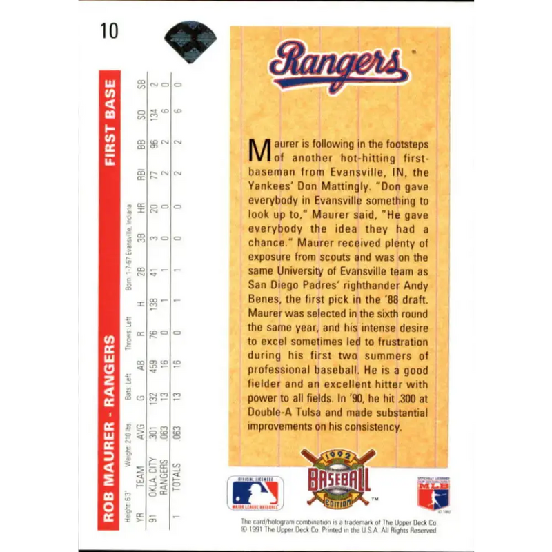 1992 Upper Deck #10 Rob Maurer SR NM-MT RC Rookie Texas Rangers Baseball Card - Baseball Card Single