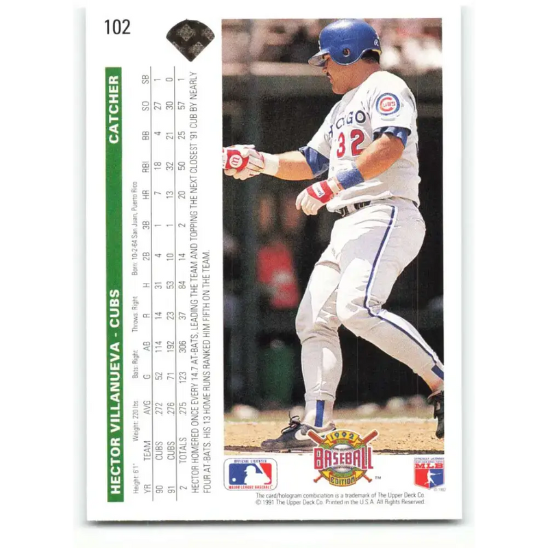 1992 Upper Deck #102 Hector Villanueva NM-MT Chicago Cubs Baseball Card - Baseball Card Single