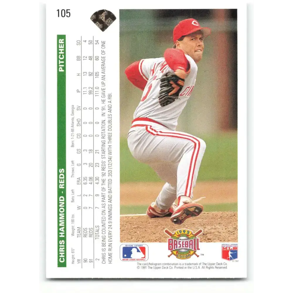 1992 Upper Deck #105 Chris Hammond NM-MT Cincinnati Reds Baseball Card - Baseball Card Single
