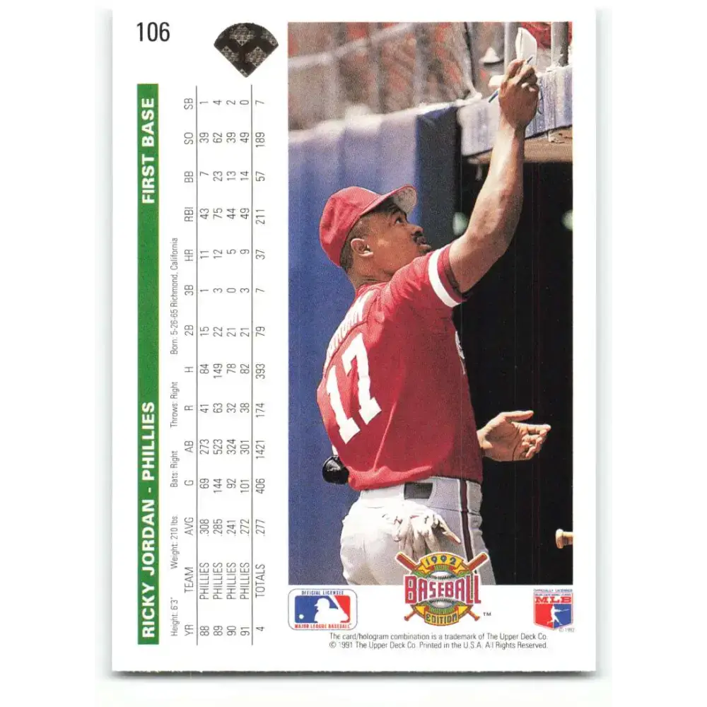 1992 Upper Deck #106 Ricky Jordan NM-MT Philadelphia Phillies Baseball Card - Baseball Card Single