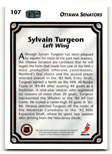 Hockey card back featuring Sylvain Turgeon from 1992 Upper Deck with original gloss