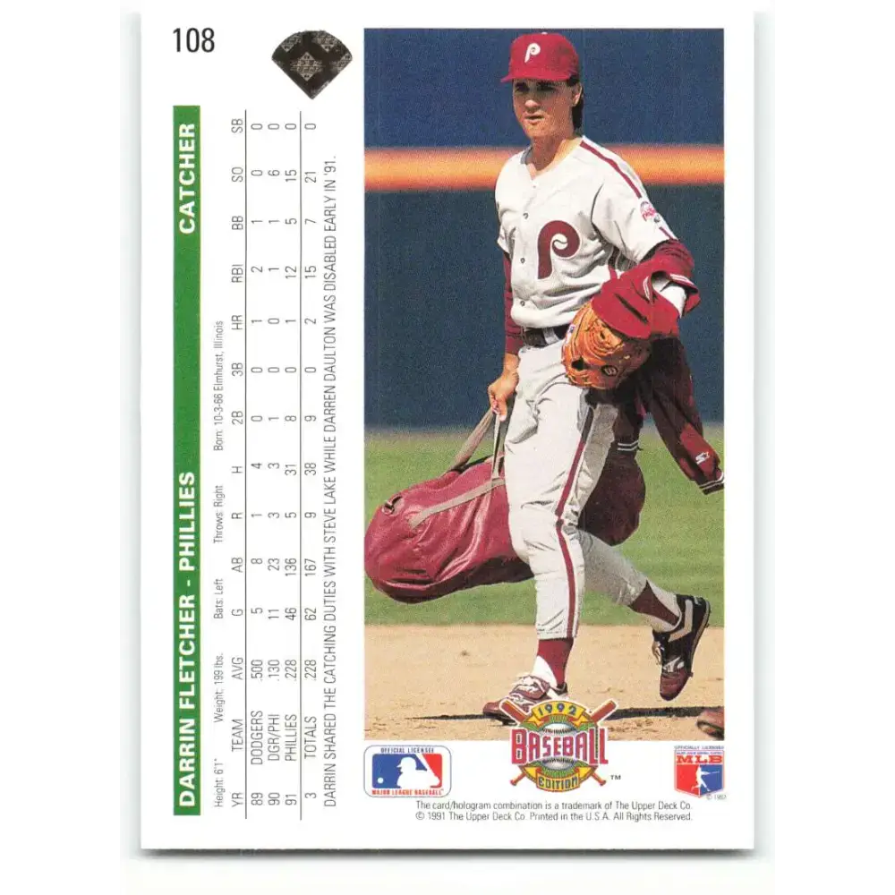 1992 Upper Deck #108 Darrin Fletcher NM-MT Philadelphia Phillies Baseball Card - Baseball Card Single