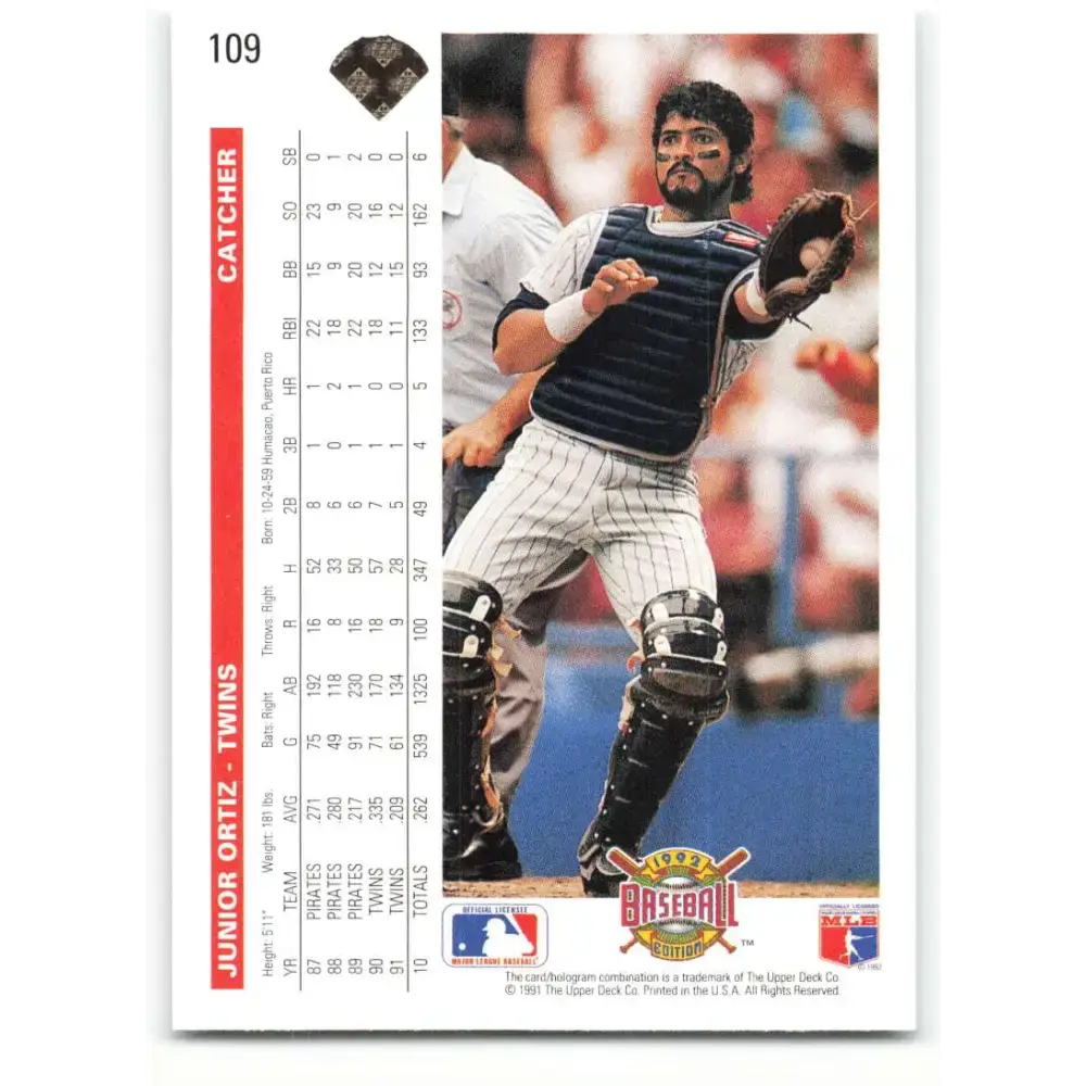 1992 Upper Deck #109 Junior Ortiz NM-MT Minnesota Twins Baseball Card - Baseball Card Single