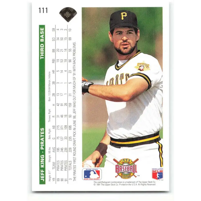 1992 Upper Deck #111 Jeff King NM-MT Pittsburgh Pirates Baseball Card - Baseball Card Single