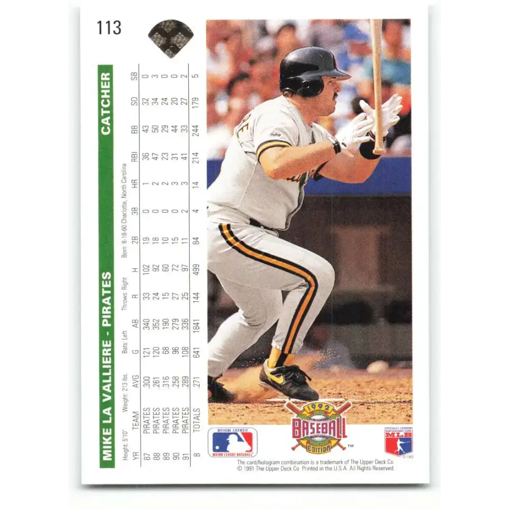 1992 Upper Deck #113 Mike LaValliere NM-MT Pittsburgh Pirates Baseball Card - Baseball Card Single